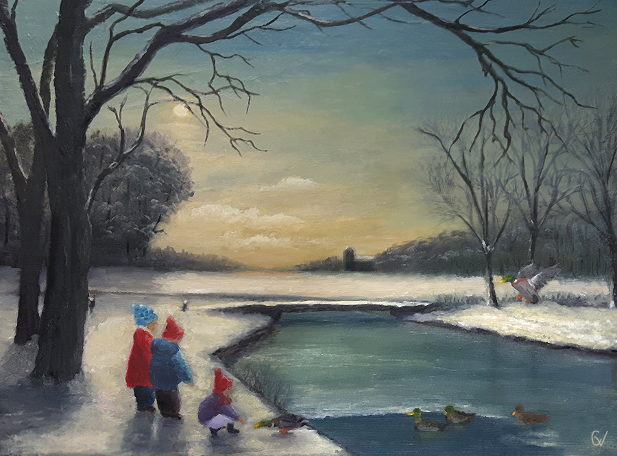 Eenden voeren in winterlandschap